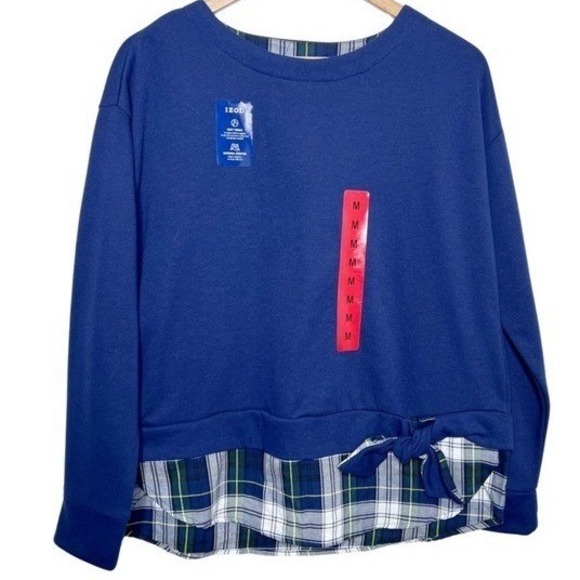 IZOD Womens Peacoat Blue Plaid NWT Layered Look Side Tie Sweatshirt Size M - Picture 2 of 8